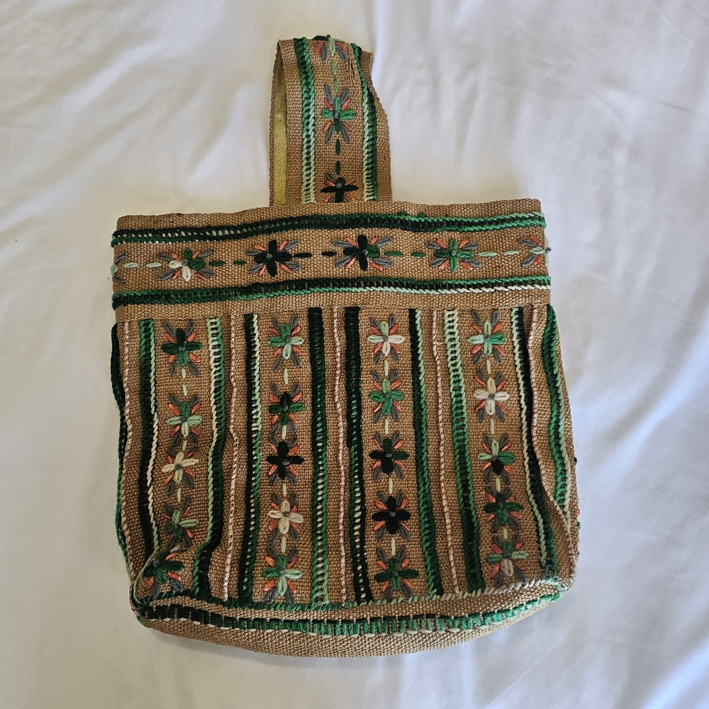 VTG 1970s Needlework Handstitched Purse Cottagecore Folk Art Style Boho Handbag